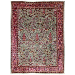 Tappeto antico Agra con disegni floreali ramificati in verde menta, viola e bordeaux