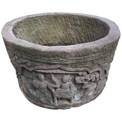 China Large Antique Hand-Carved Red Stone Garden Planter Basin, 19th Century