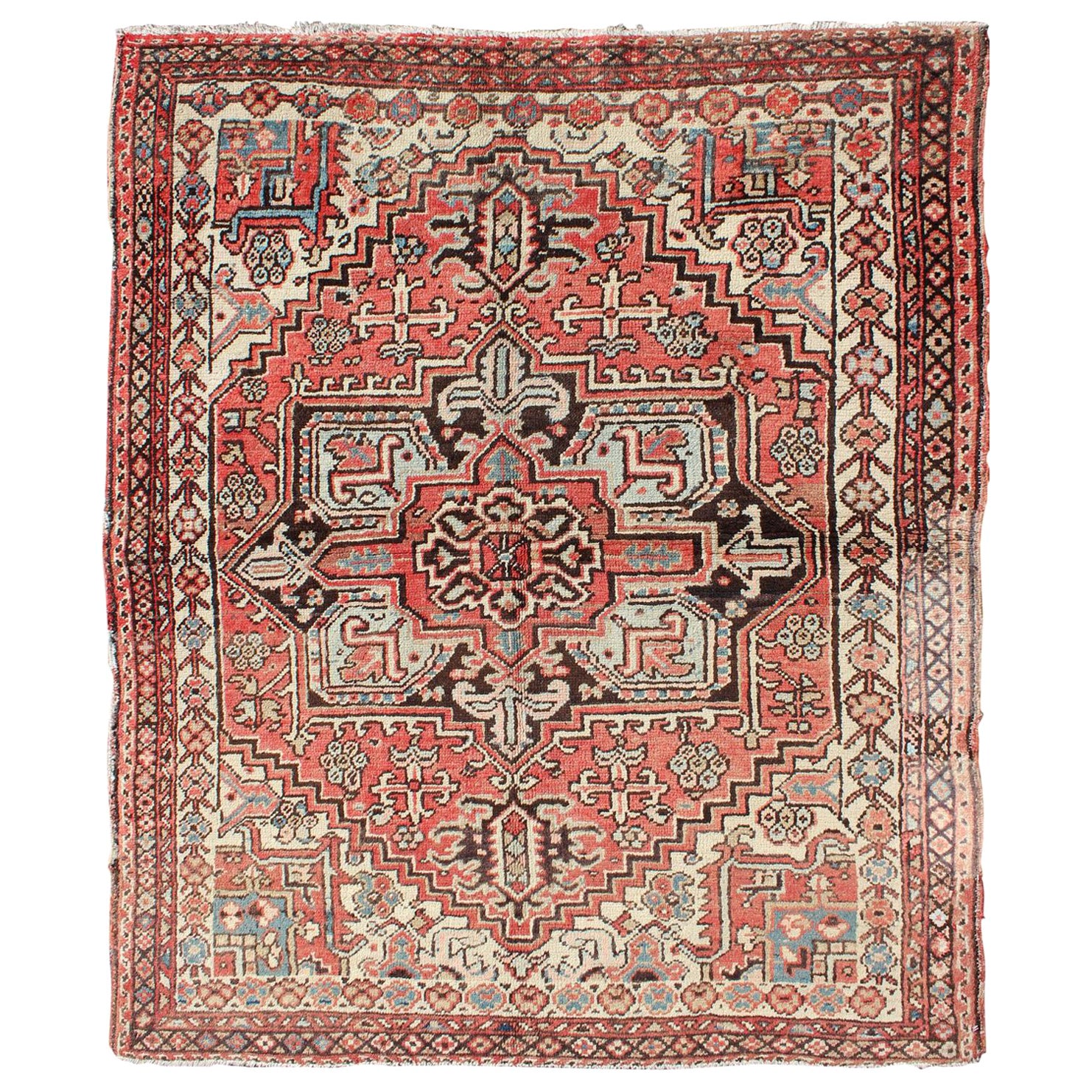 Square Size Antique Persian Small Heriz Rug with Medallion in Soft Colors For Sale
