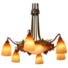 French Bronze and Art Glass Chandelier by Charles Schneider