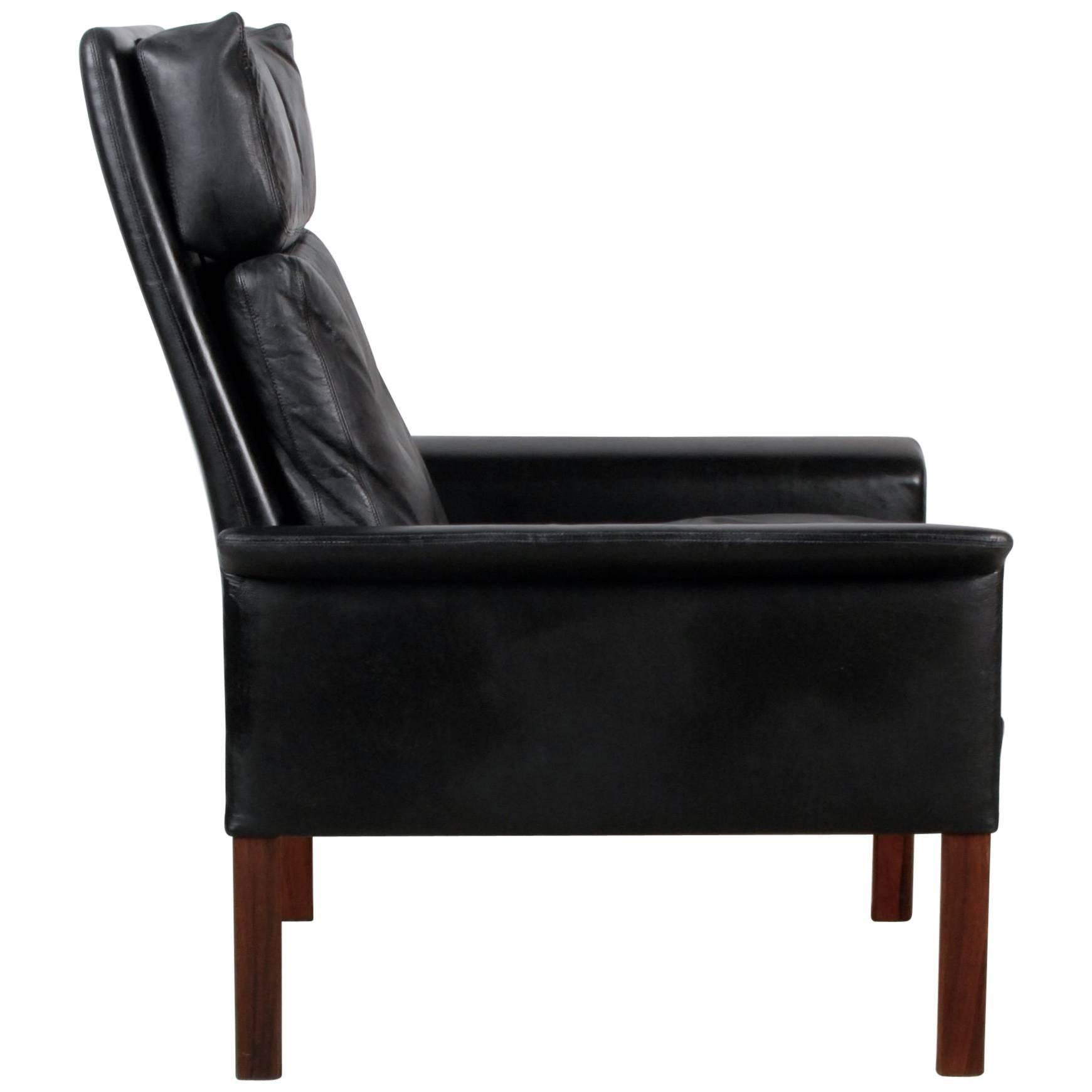 Hans Olsen Armchair in Black Leather Rosewood Scandinavian Danish  For Sale