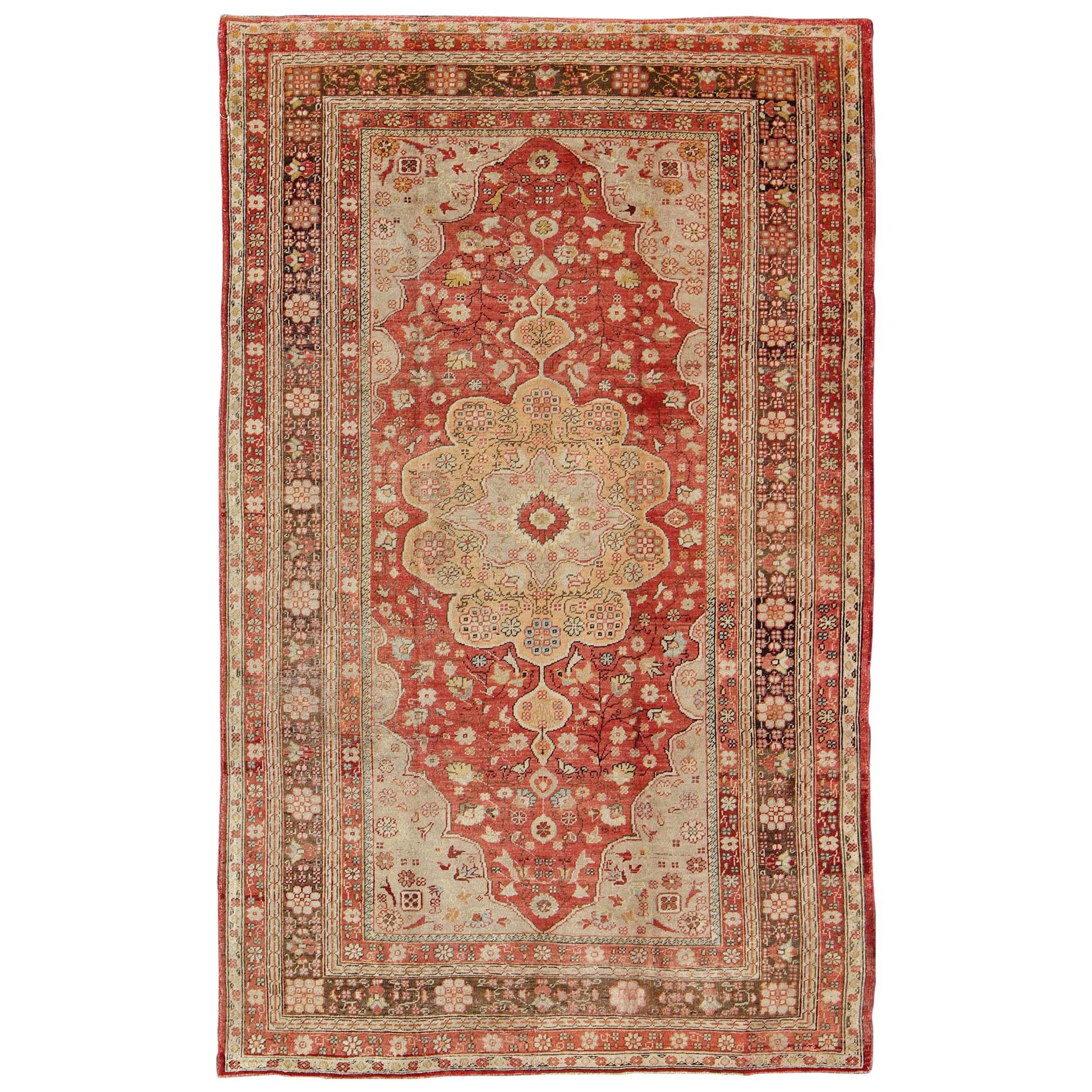 Antique Oushak Rug in Soft Red, Brown and Tan