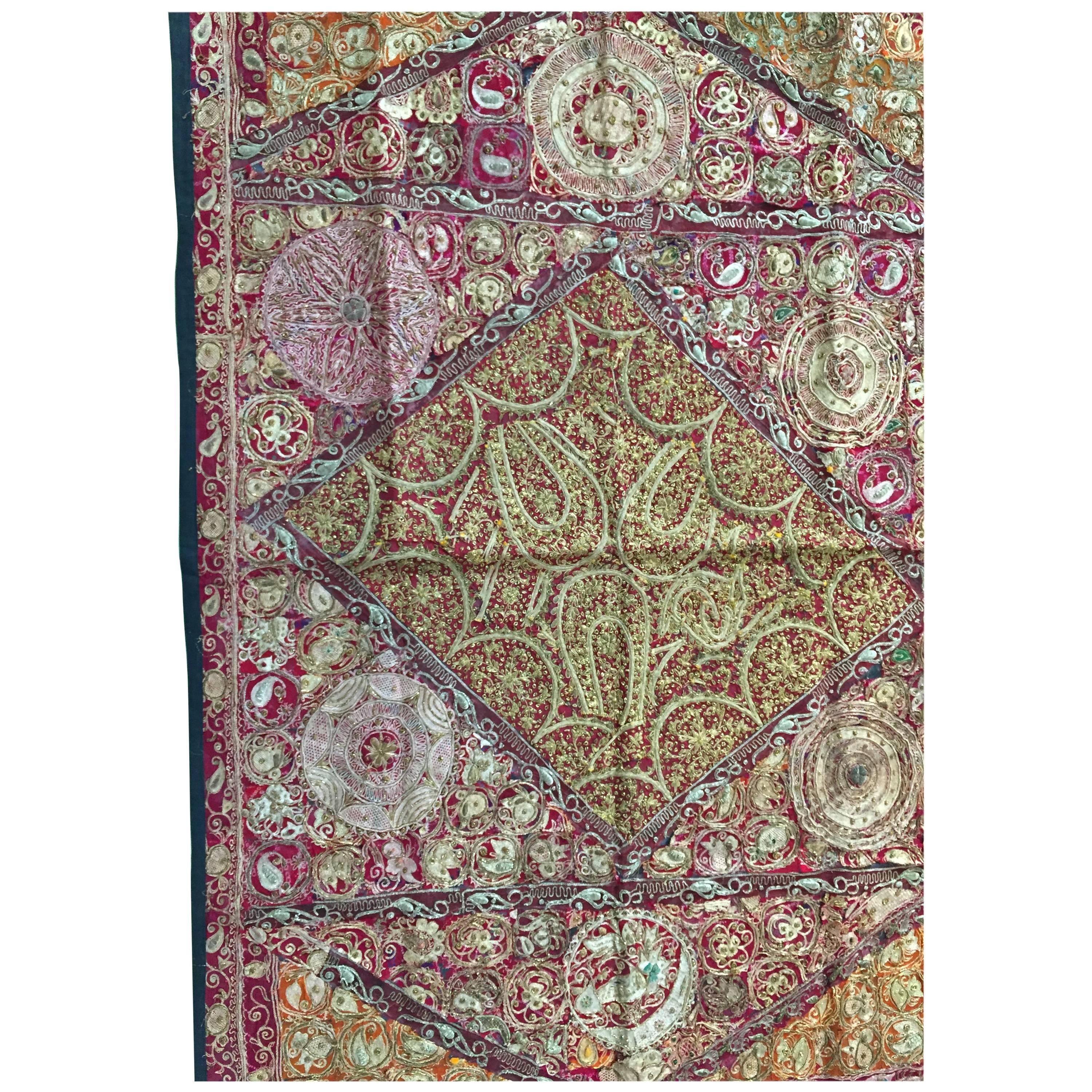 Mughal Hand Embroidered Metal Threaded Tapestry from Rajasthan, India For Sale