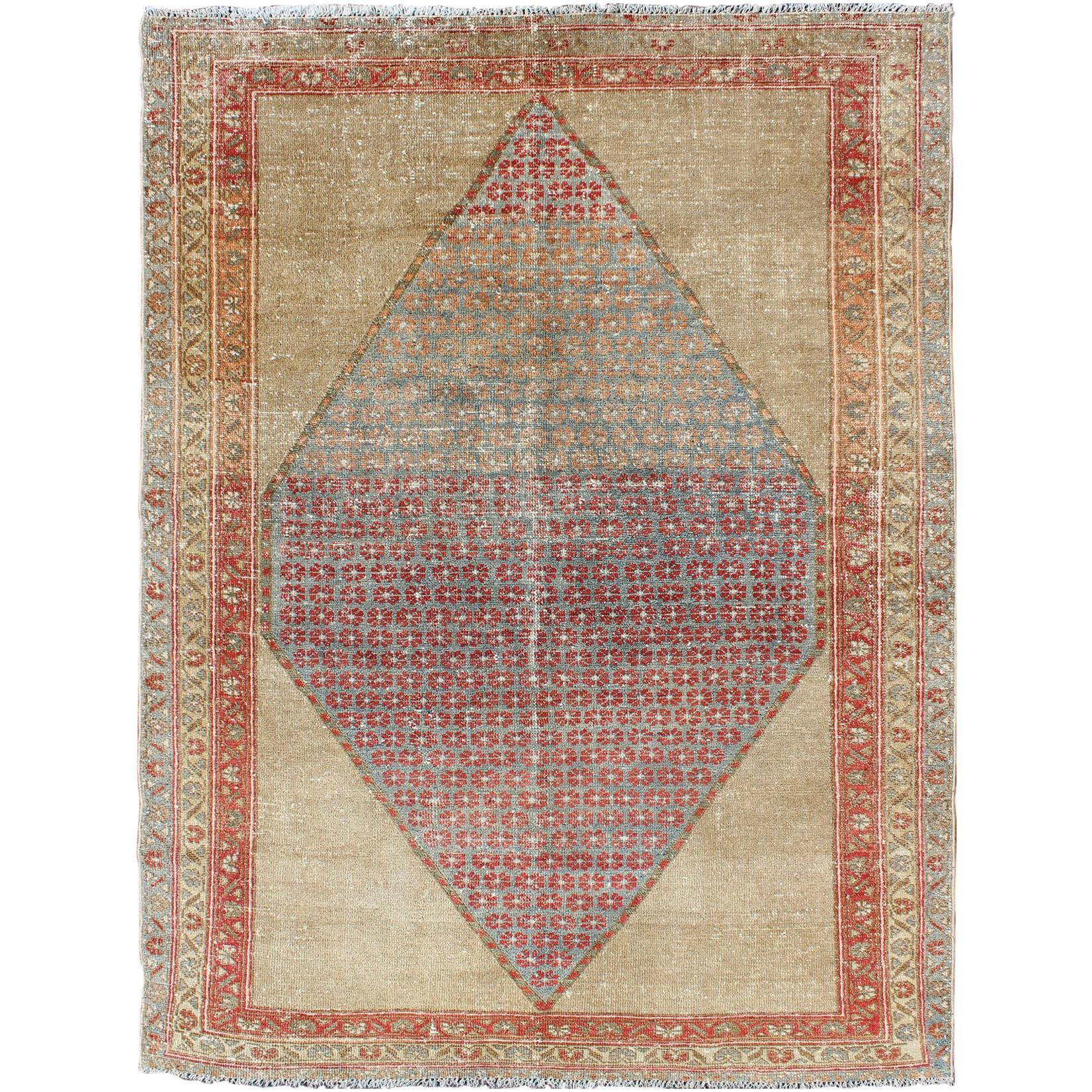 Diamond Medallion Antique Serab Persian Rug with Floral Borders For Sale