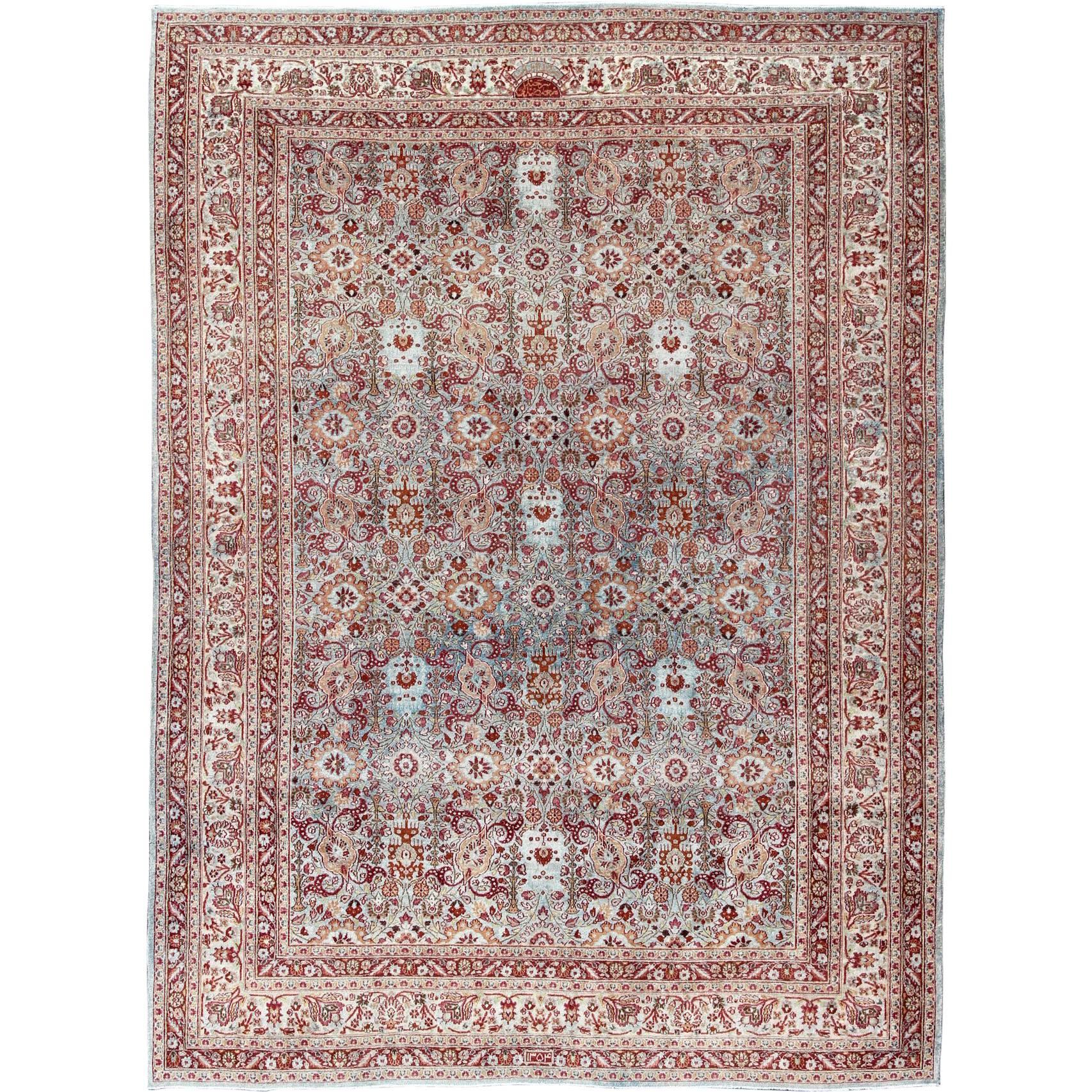 Ornate Floral Pattern Khorassan Antique Persian Rug in Burgundy & Gray For Sale