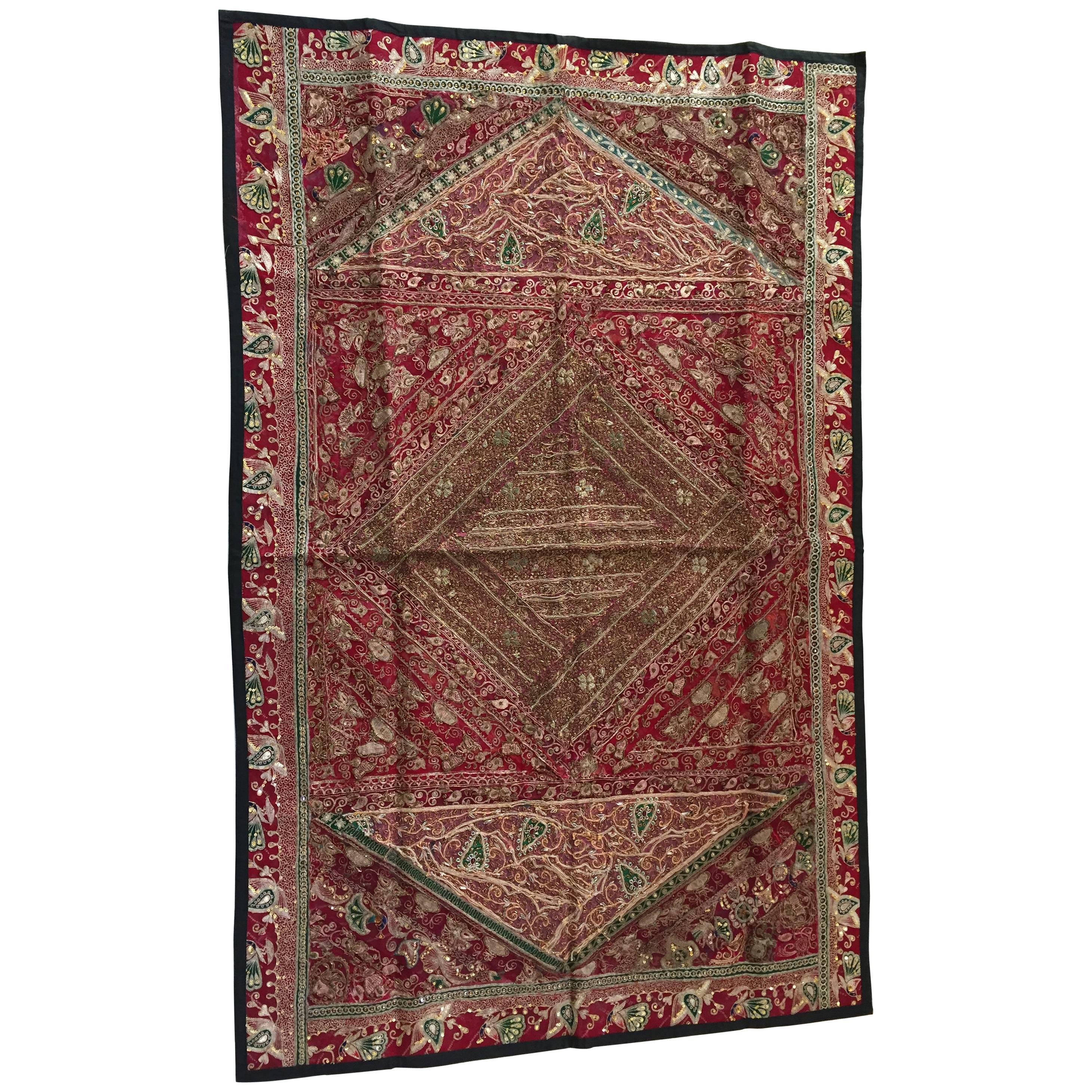 Hand Embroidered Mughal silk and metal threaded tapestry, India