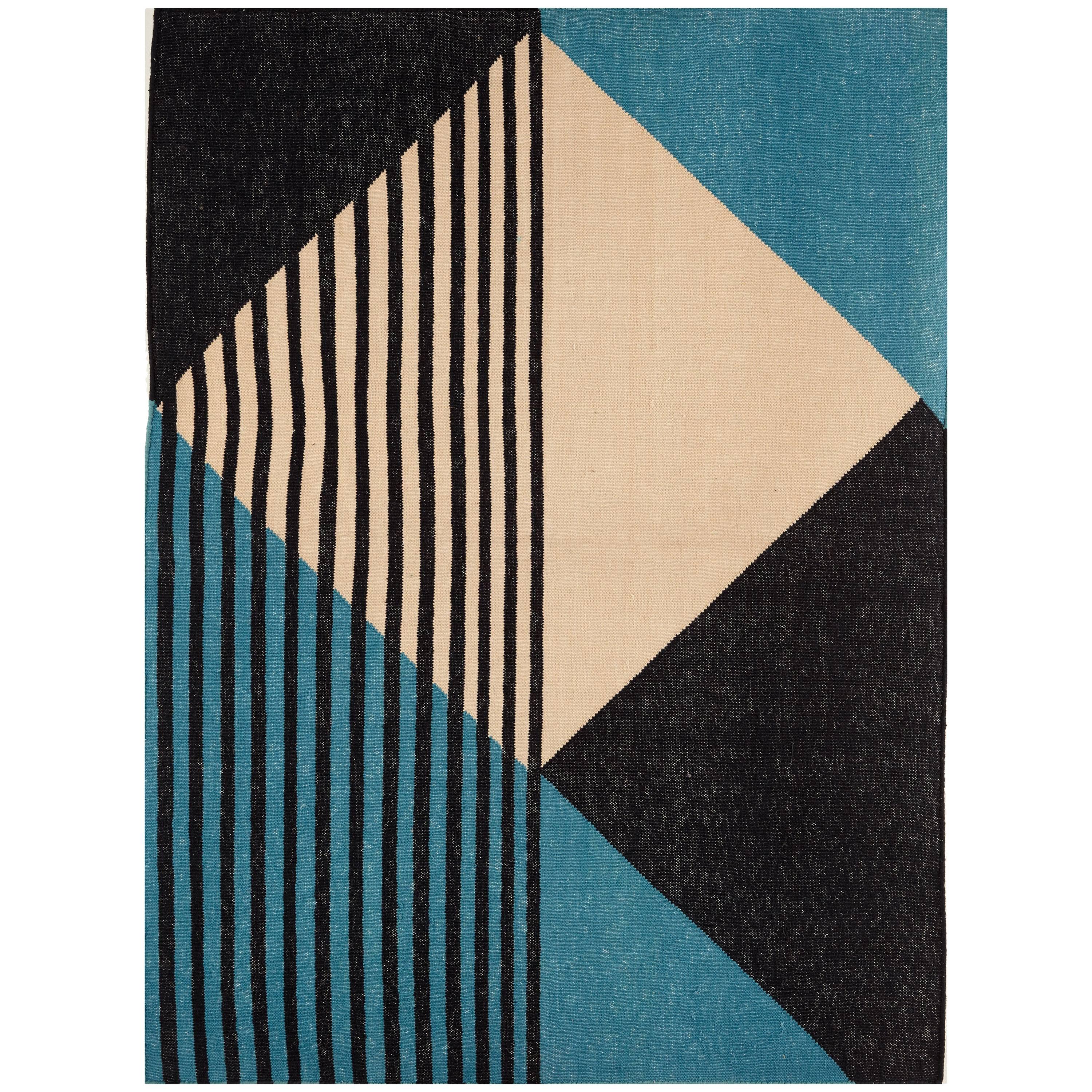 Tantuvi Art Deco Modernist Carpet, Flat-Weave Dhurrie Rug in Handwoven Cotton For Sale