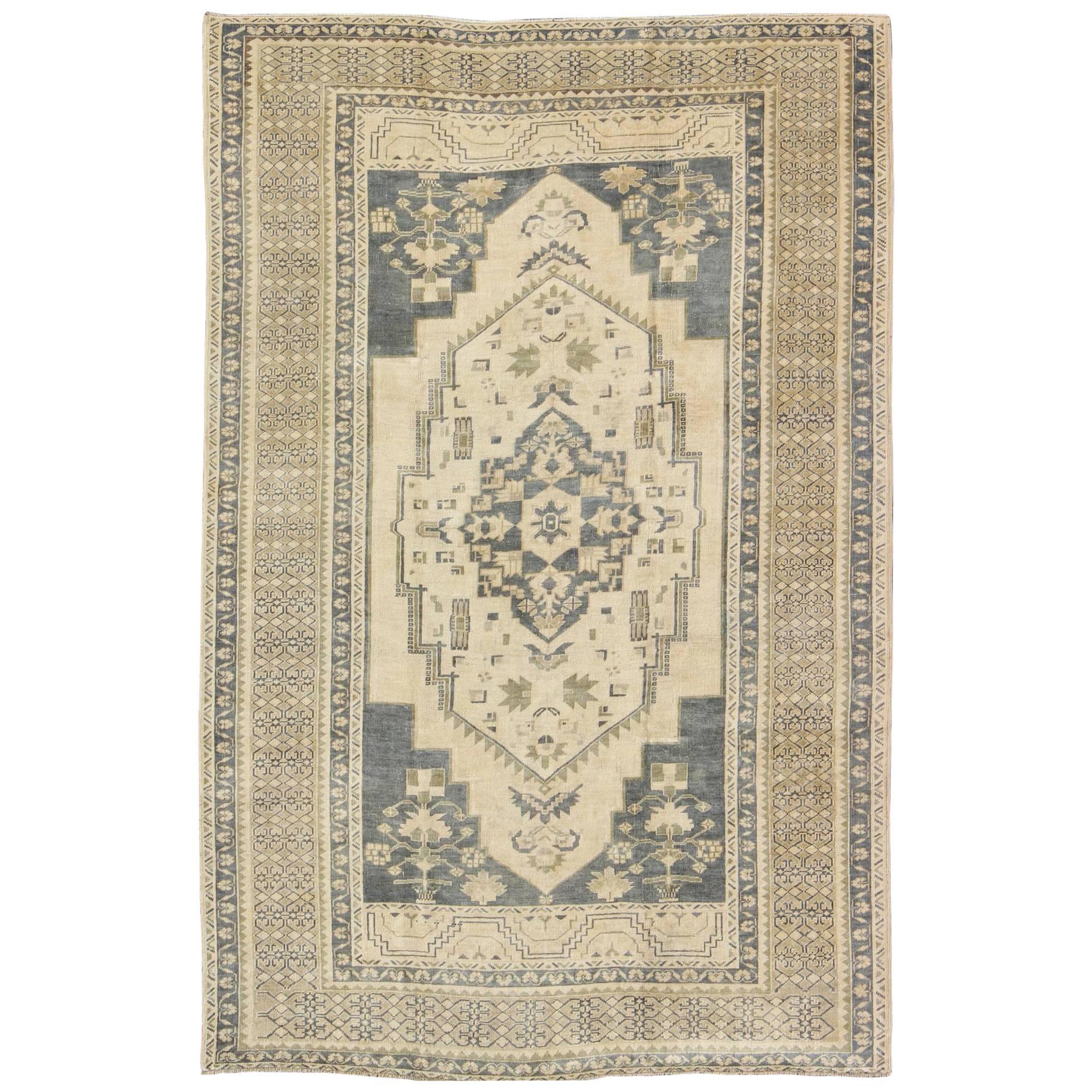 Blue Gray and Cream Mid-20th Century Turkish Oushak Rug with Medallion, Cornices