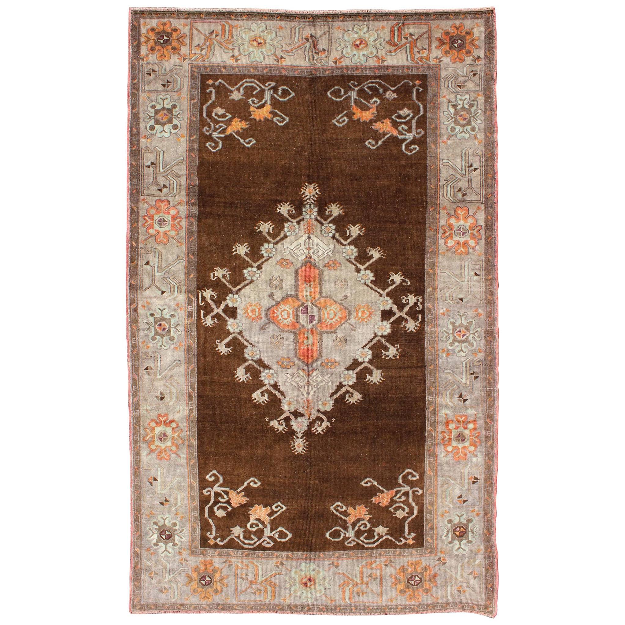Vintage Turkish Oushak Rug in Chocolate Brown, Gray, Taupe and Burnt Orange