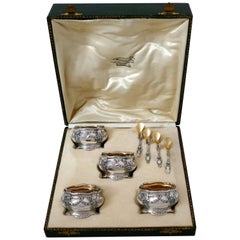 Antique Collet French Sterling Silver 18-Karat Gold Four Salt Cellars, Spoons, Box