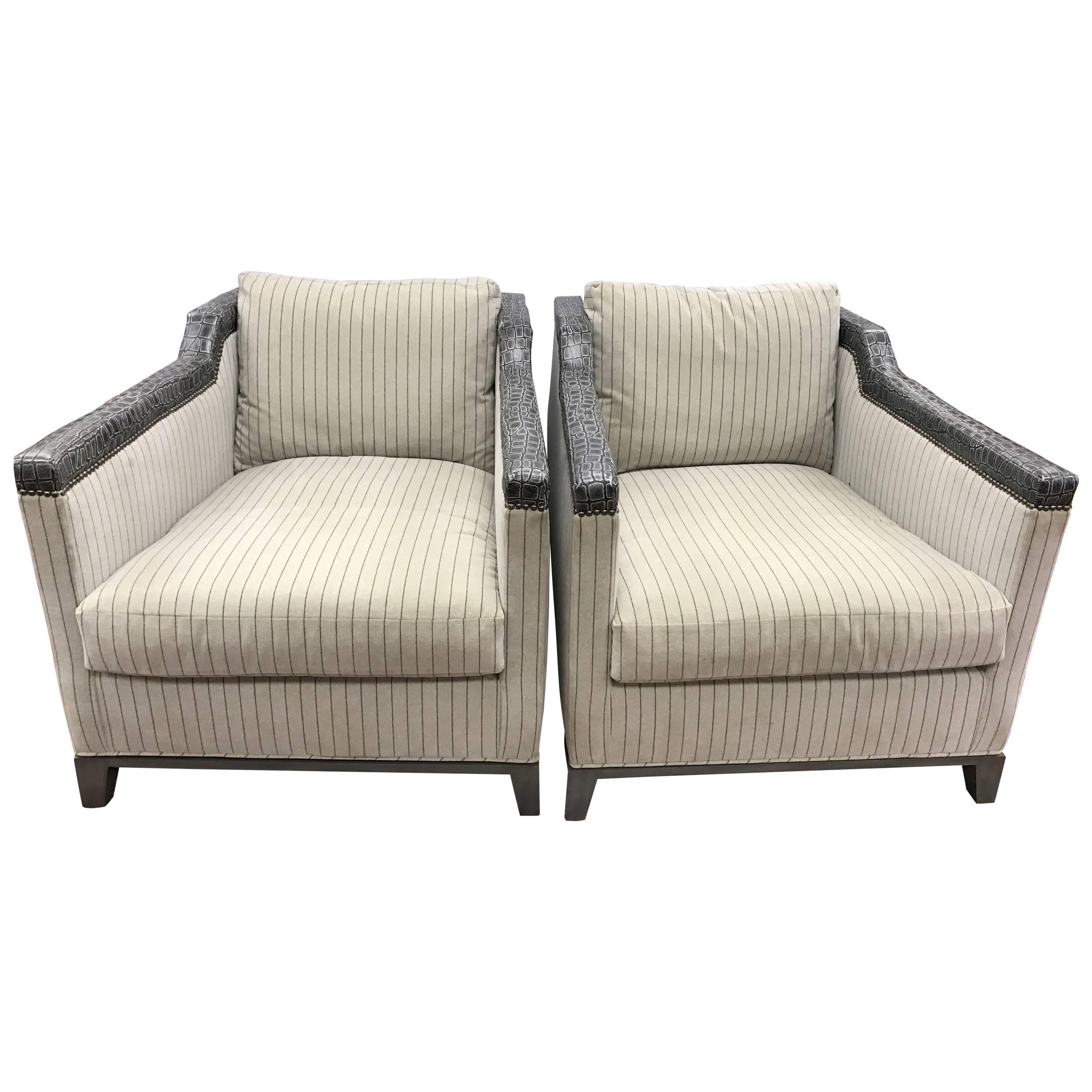Pair of Michael Weiss Upholstered Leather Crocodile Nailhead Club Chairs