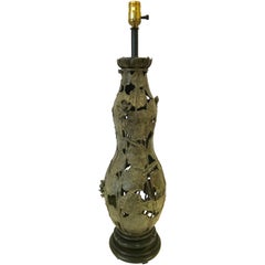 Vintage Asian Carved Bronze Lotus Flower Table Lamp