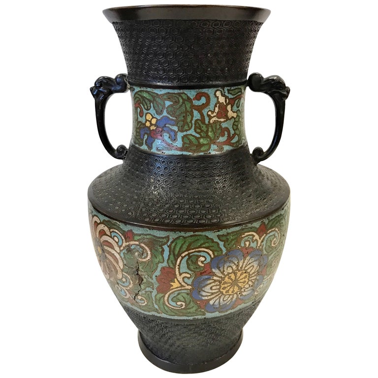 Turn of 20th Century Japanese Champlevé Bronze Enamel Vase Urn For Sale