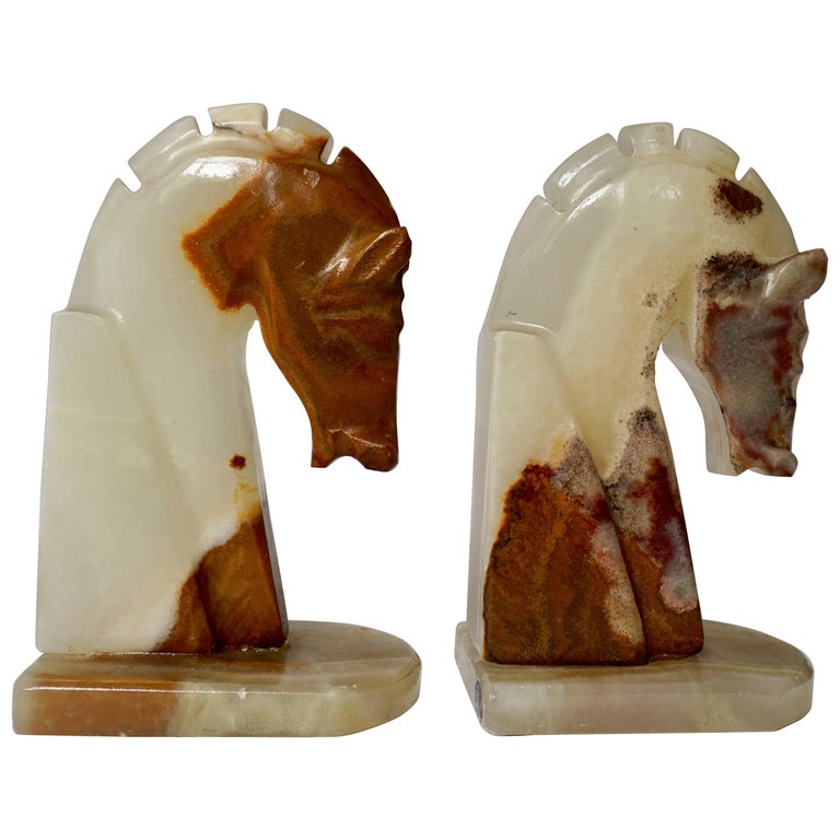 Italian Onyx Horse Art Deco Head Bookends For Sale at 1stDibs