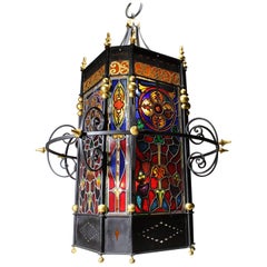 Palatial Italian 19th Century Baroque Style Stained Glass Grand Hall Lantern
