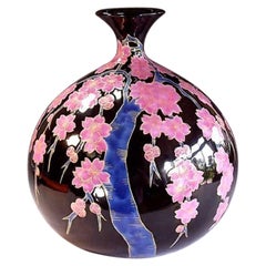 Vintage Contemporary Japanese Black Pink Blue Gold Porcelain Vase by Master Artist