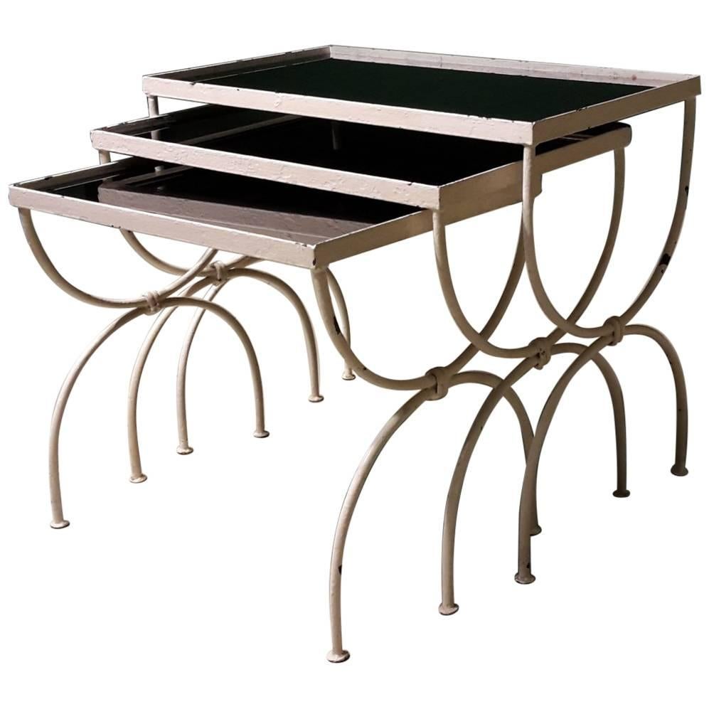 20th Century French Nest of Tables Made of White Metal and Black Glass, 1950s For Sale