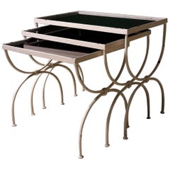 20th Century French Nest of Tables Made of White Metal and Black Glass, 1950s