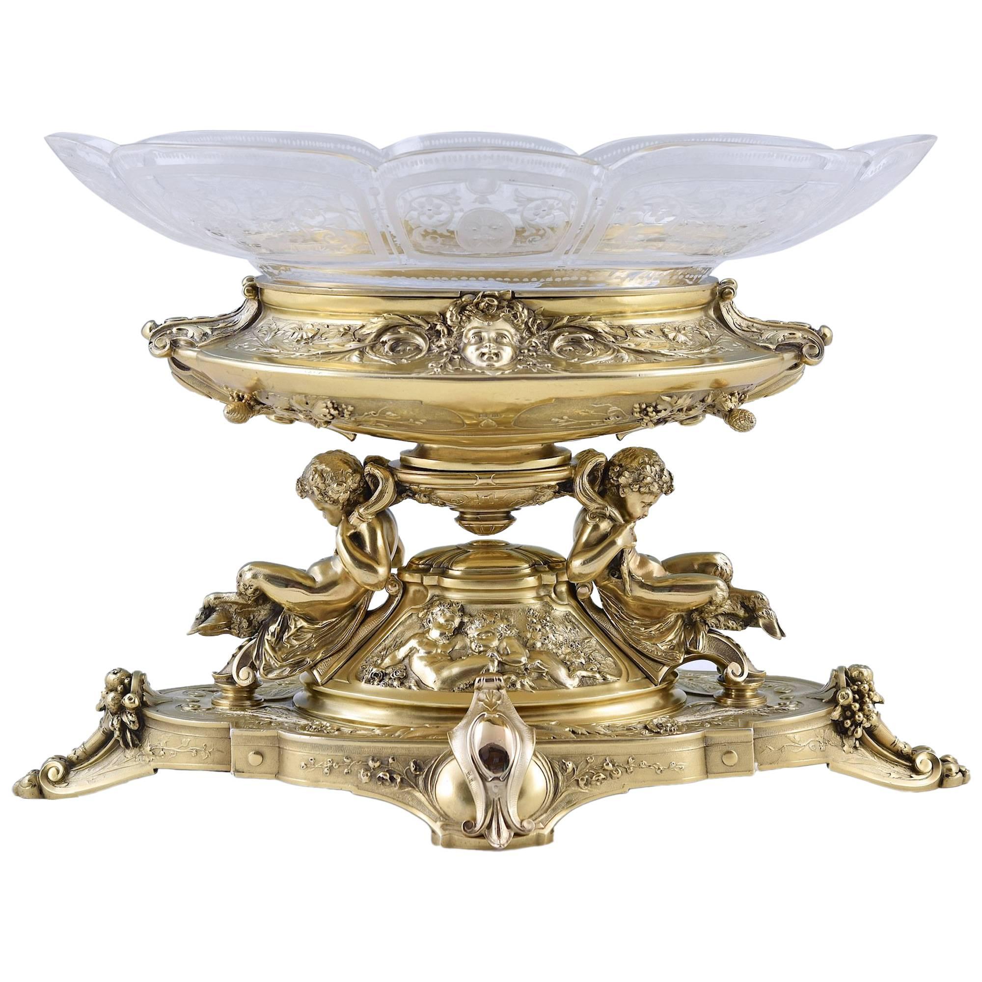 Sterling Silver Gilt and Engraved Glass Centrepiece by Elkington & Co For Sale