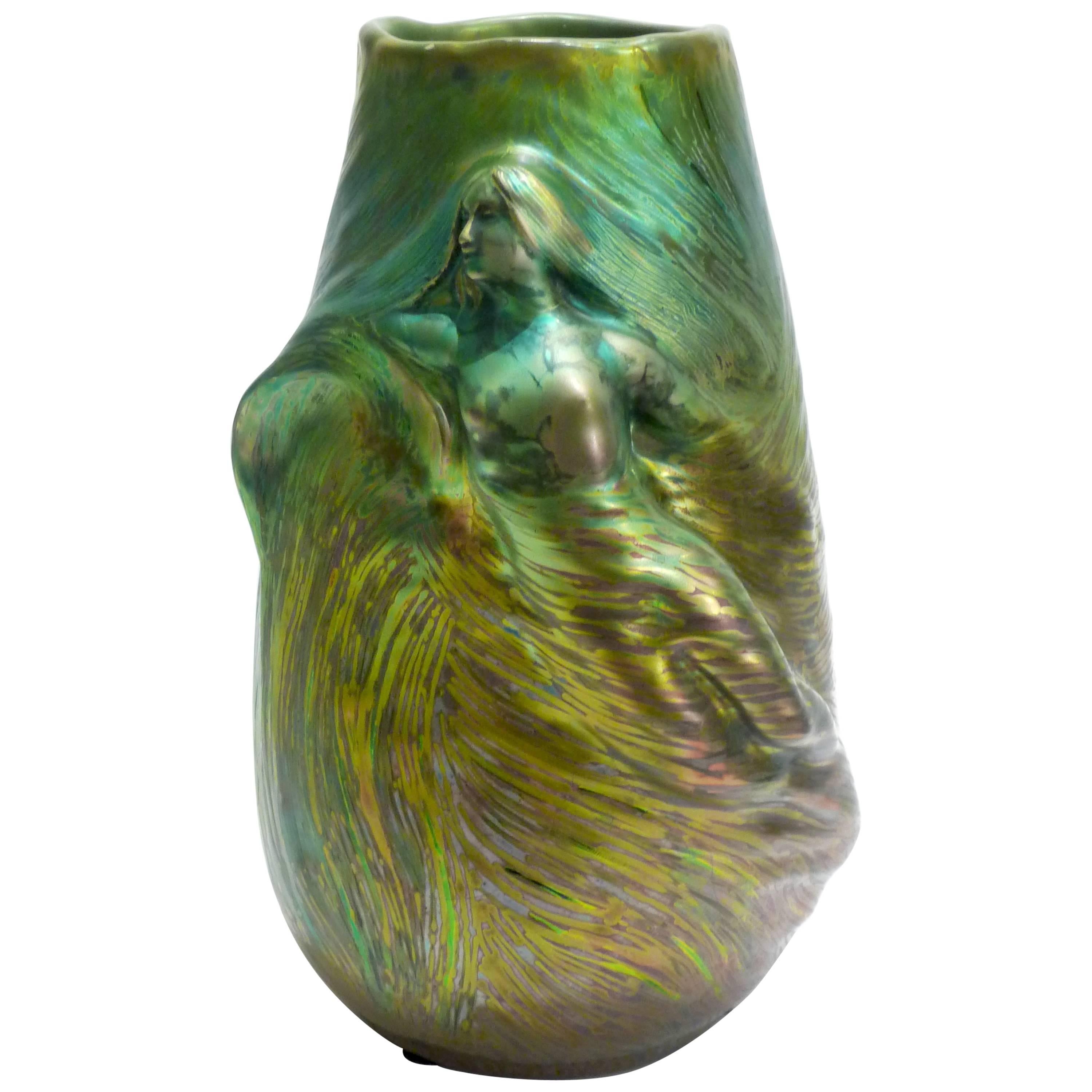 Clément Massier, Alexandre Vibert, Art Nouveau Iridescent Ceramic Vase, Signed For Sale