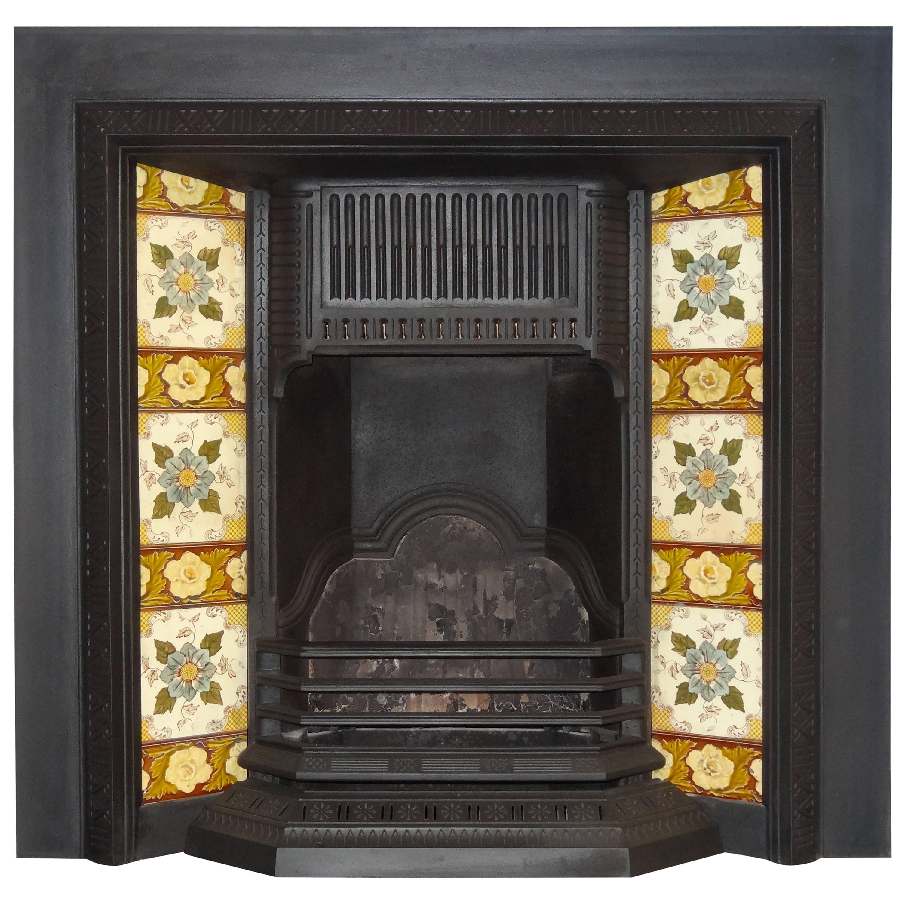 19th Century Victorian Cast Iron Fireplace Insert Grate with Antique Tiles For Sale