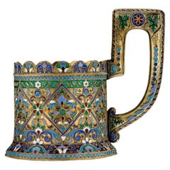 Antique Imperial Russian Solid Silver-Gilt Enamel Tea Glass Holder, circa 1900