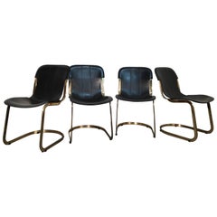 Set of Brass and Black Leather Willy Rizzo Dining Chairs