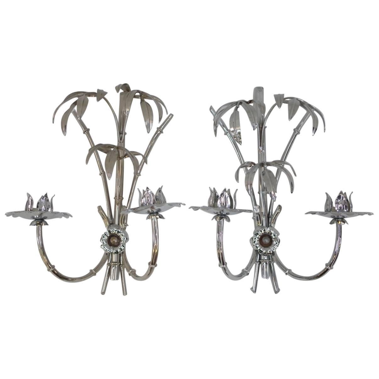 Pair of Chromed Metal Palm Tree Sconces, circa 1970 For Sale