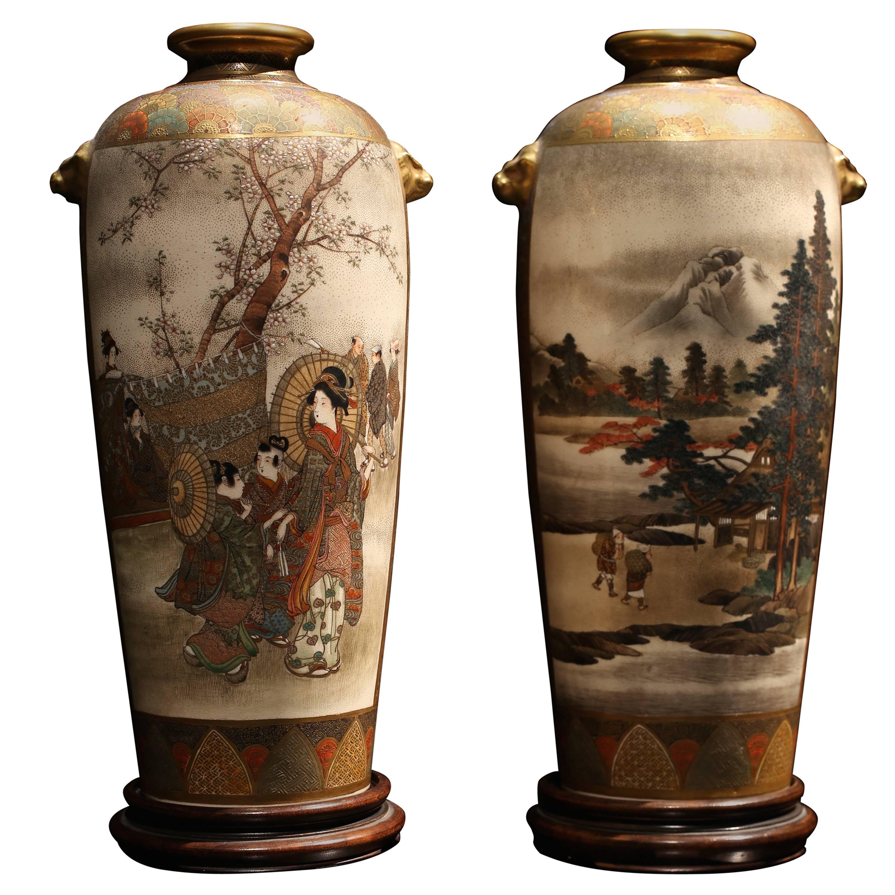 Superb Quality Pair of Japanese Meiji Period Satsuma Vases by Hozan