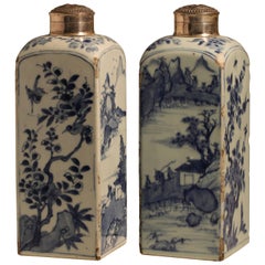 Antique Pair of 17th Century Chinese Blue and White Porcelain Gin Bottles