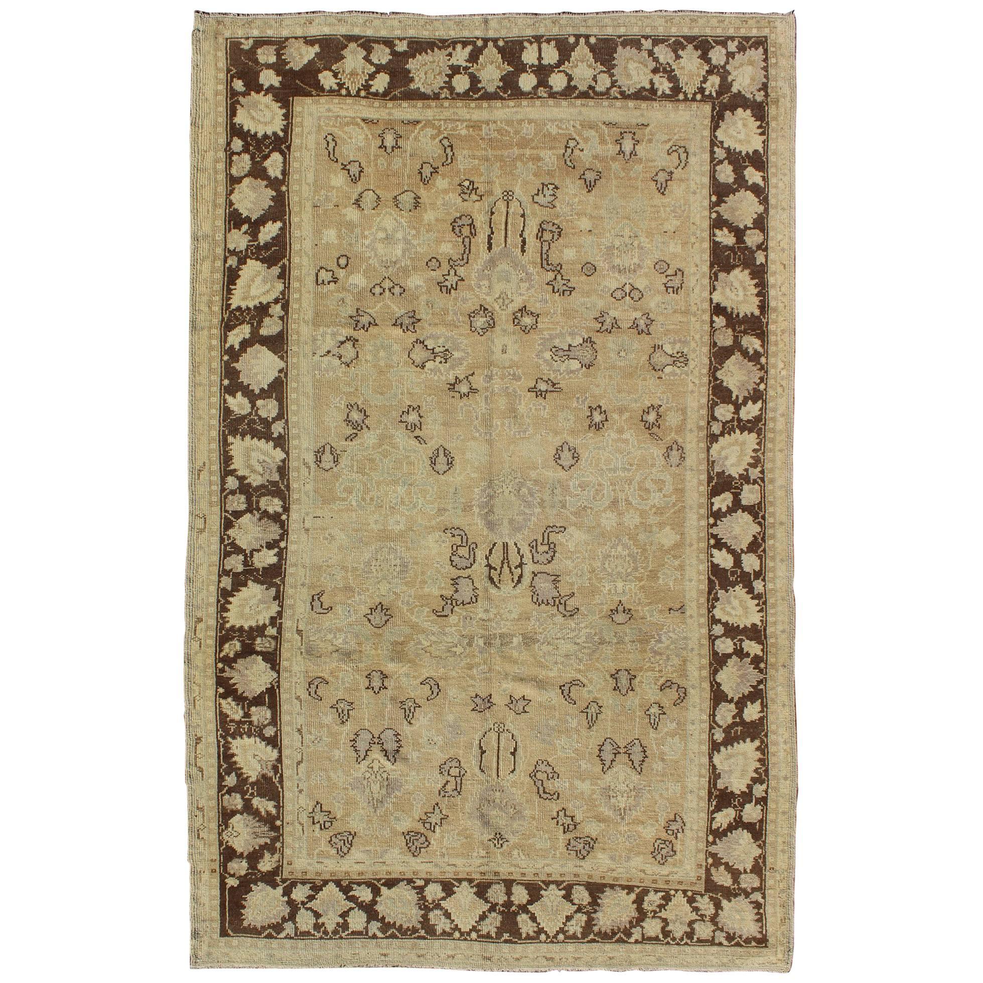 All-Over Design Turkish Oushak Vintage Rug in Earth Colors, Tan, Cream, Brown
