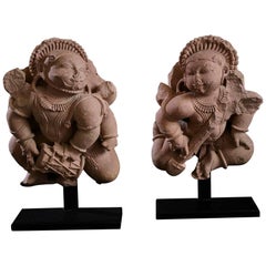 Pair of 12th Century Rajasthan Red Sandstone Figures