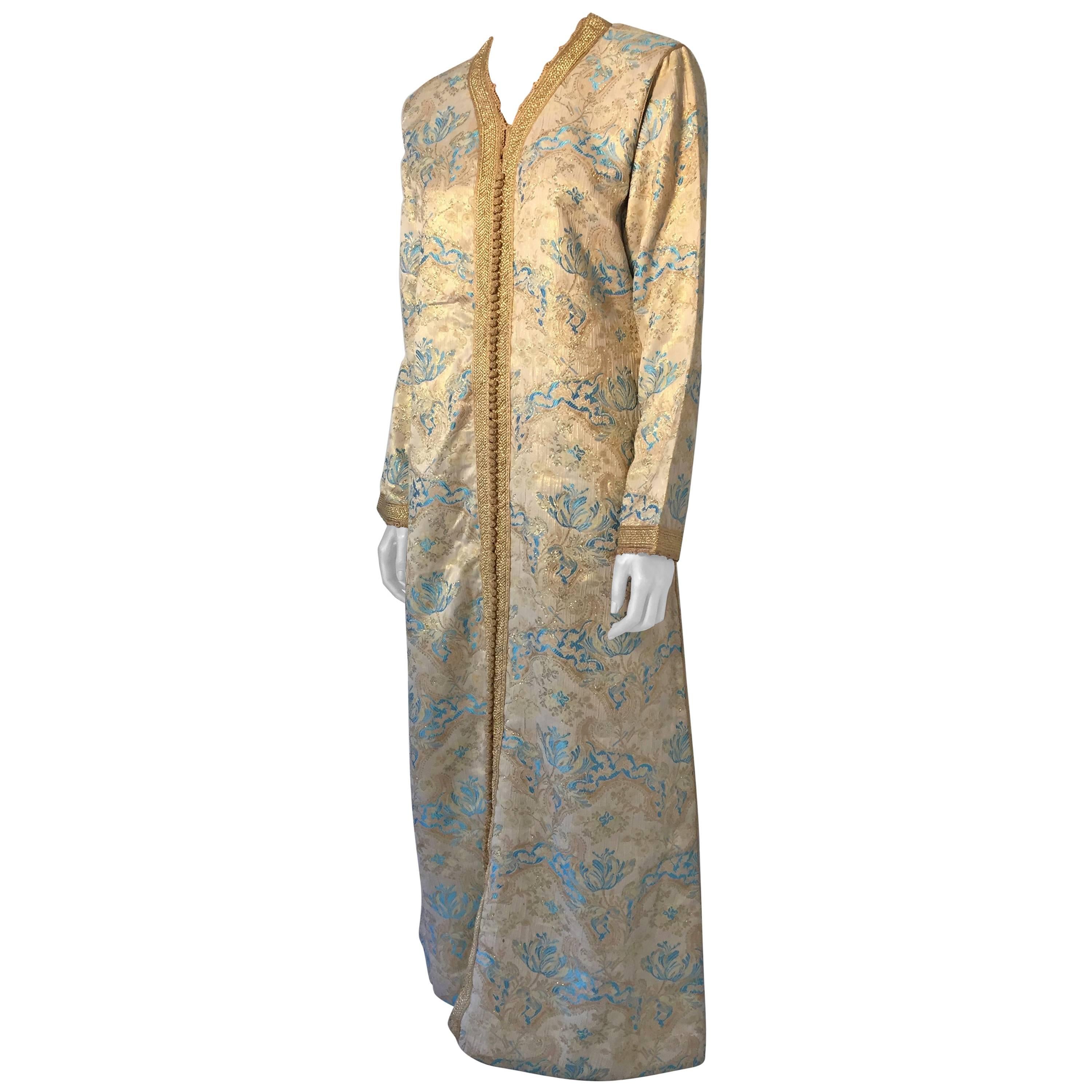 Moroccan Caftan, Turquoise and Gold Brocade Kaftan Size Medium For Sale