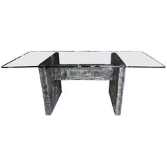 1970 "Paul Evans" Rectangular Brutalist Gray Dining Table Resin and Glass Top