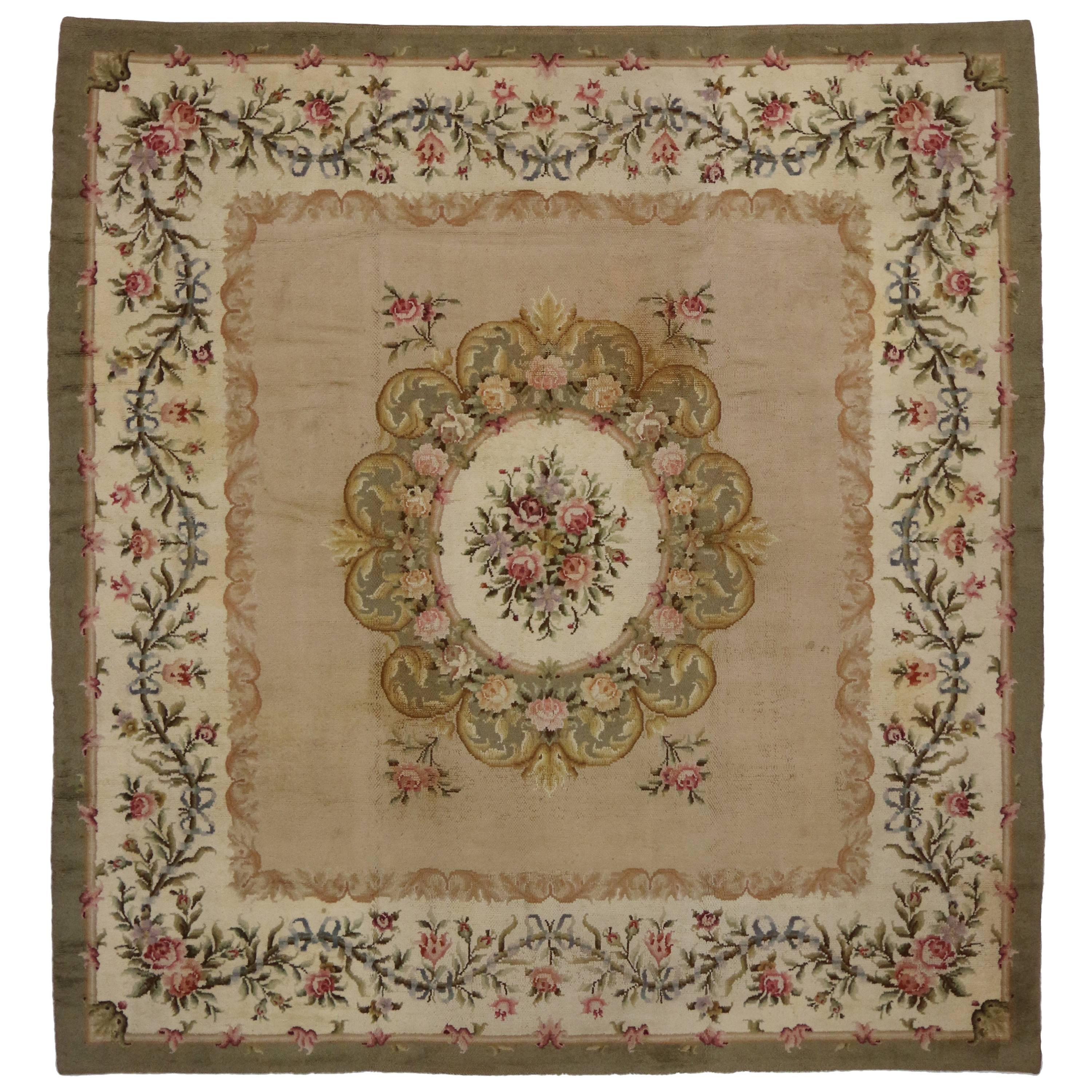 Antique Spanish Savonnerie Square Rug with French Chintz Style