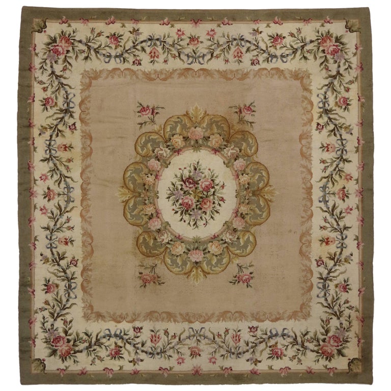 Antique Savonnerie Rug with French Provincial Aubusson Style, Square