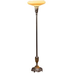 Chrome-Plated Torchiere Floor Lamp with Agate Glass, and Original Glass Shade