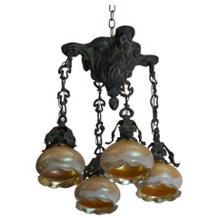 Art Nouveau Flush Mount Chandelier with Four Handblown Shades, circa 1900