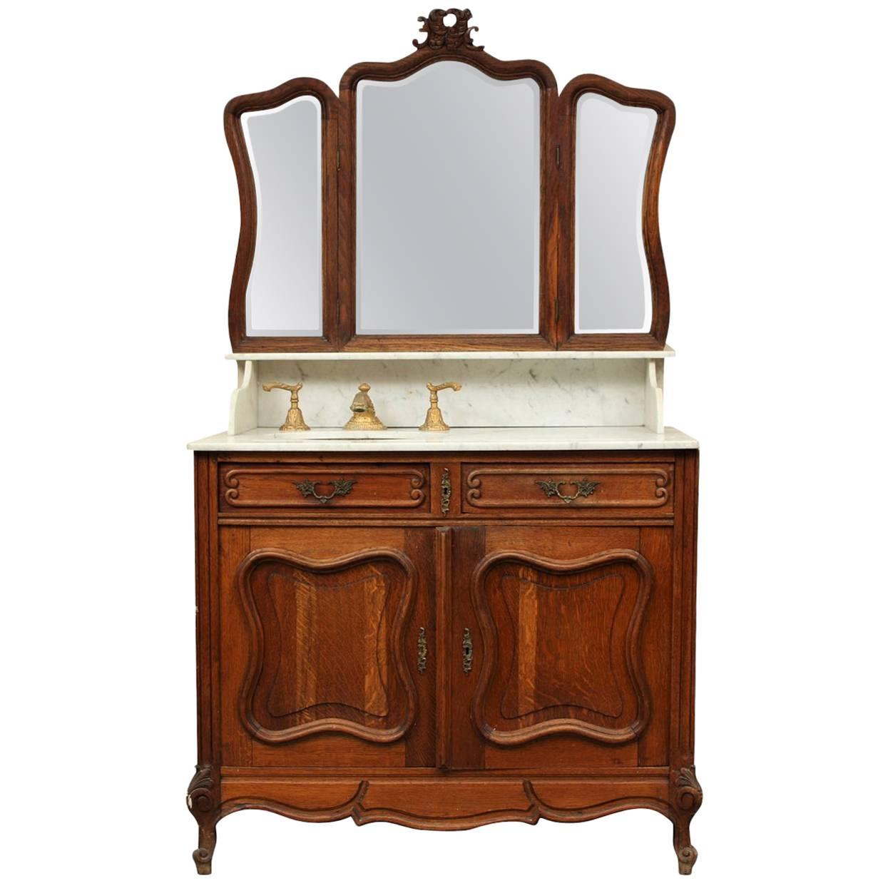 Antique Continental Oak and Marble Vanity