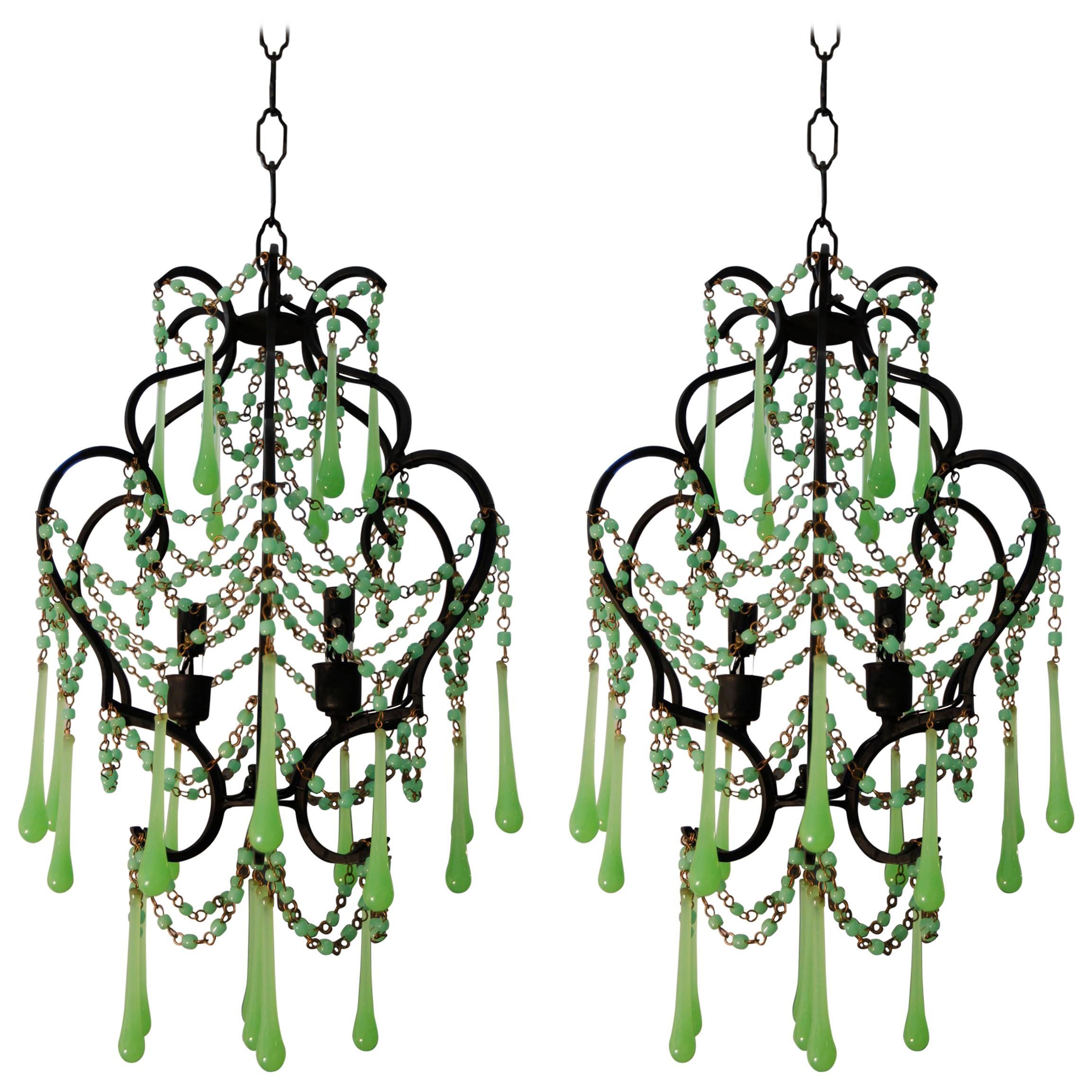 Vintage Pair of French Green Opaline Chandeliers, circa 1950s For Sale