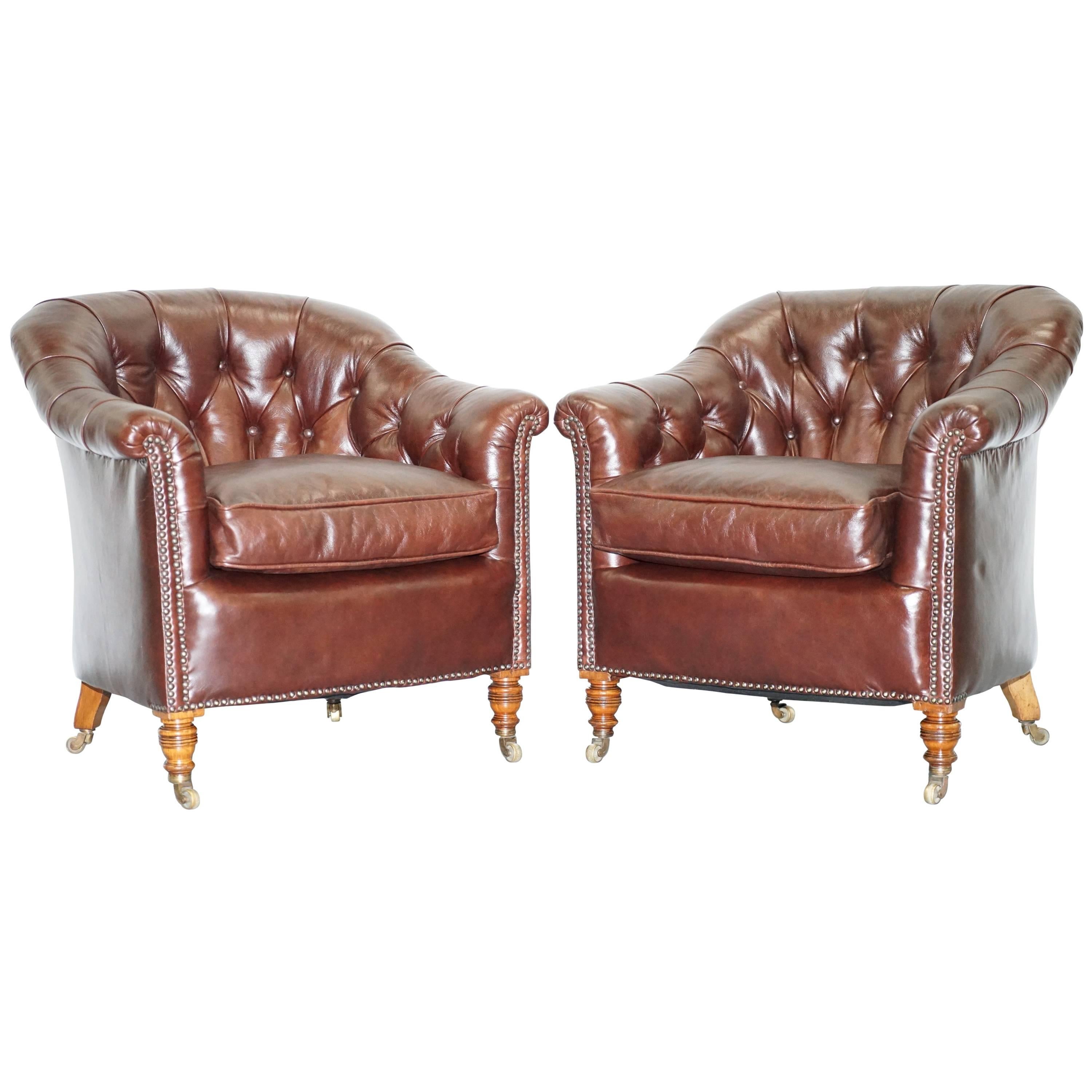 Pair of Fully Restored Howard & Sons Brown Leather Fully Stamped Club Armchairs