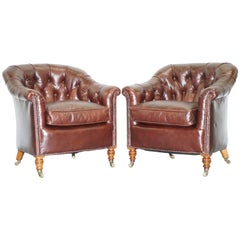 Antique Pair of Fully Restored Howard & Sons Brown Leather Fully Stamped Club Armchairs