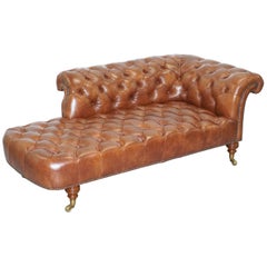Antique Howard & Sons Chesterfield Chesterbed Brown Leather Fully Stamped Chaise Longue