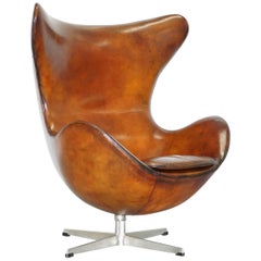 Original Stamped Fritz Hansen Egg Chair Arne Jacobsen Vintage Brown Leather