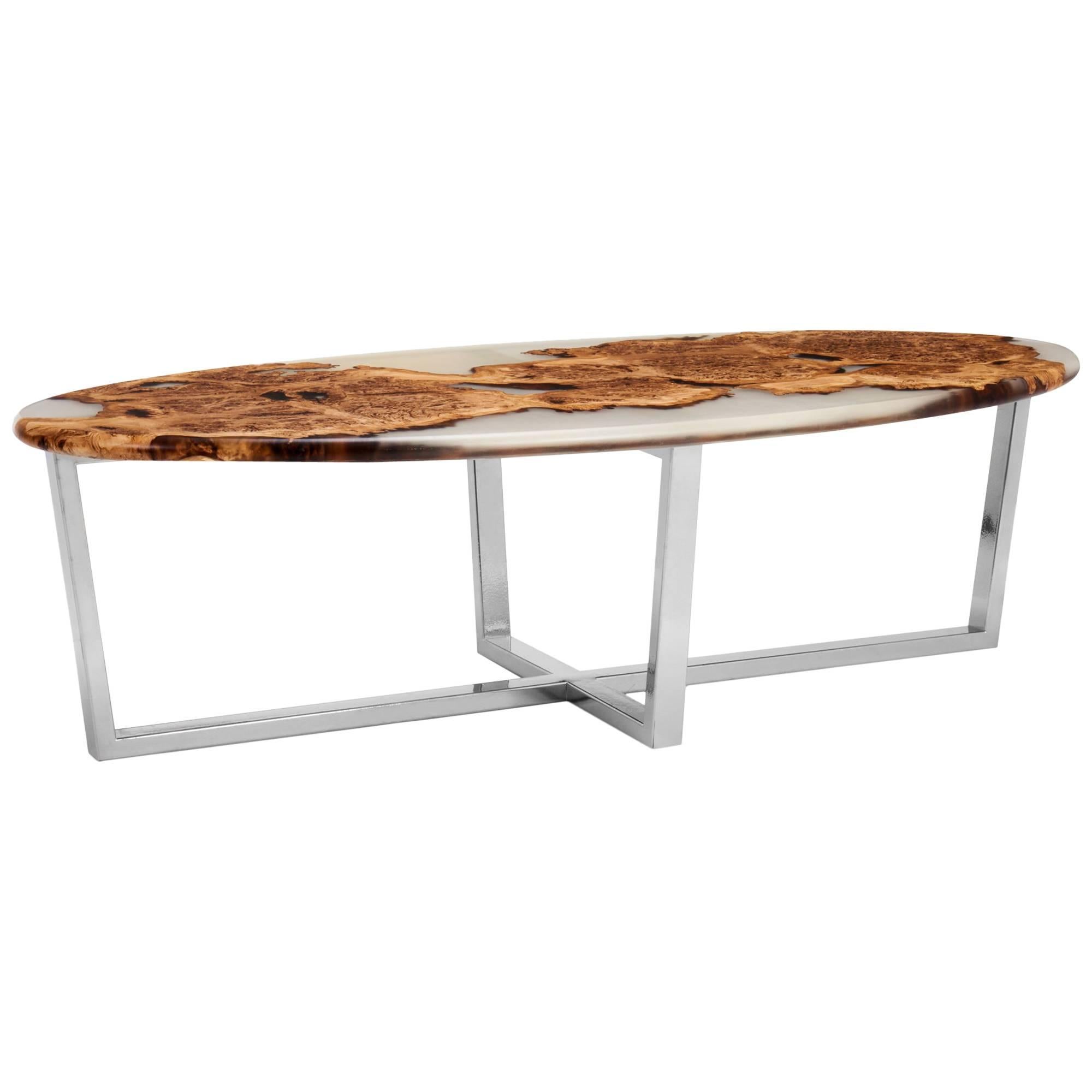 Contemporary Oval Coffee Table in Oak Burr and Resin Cast on a Chrome Base For Sale