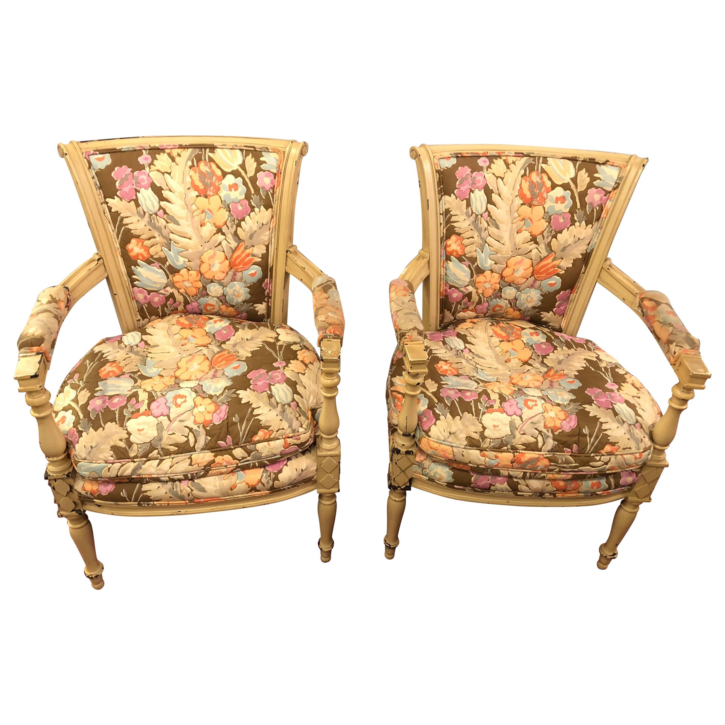 Pair of Paint Decorated Maison Jansen Fauteuils with Attractive Fabric