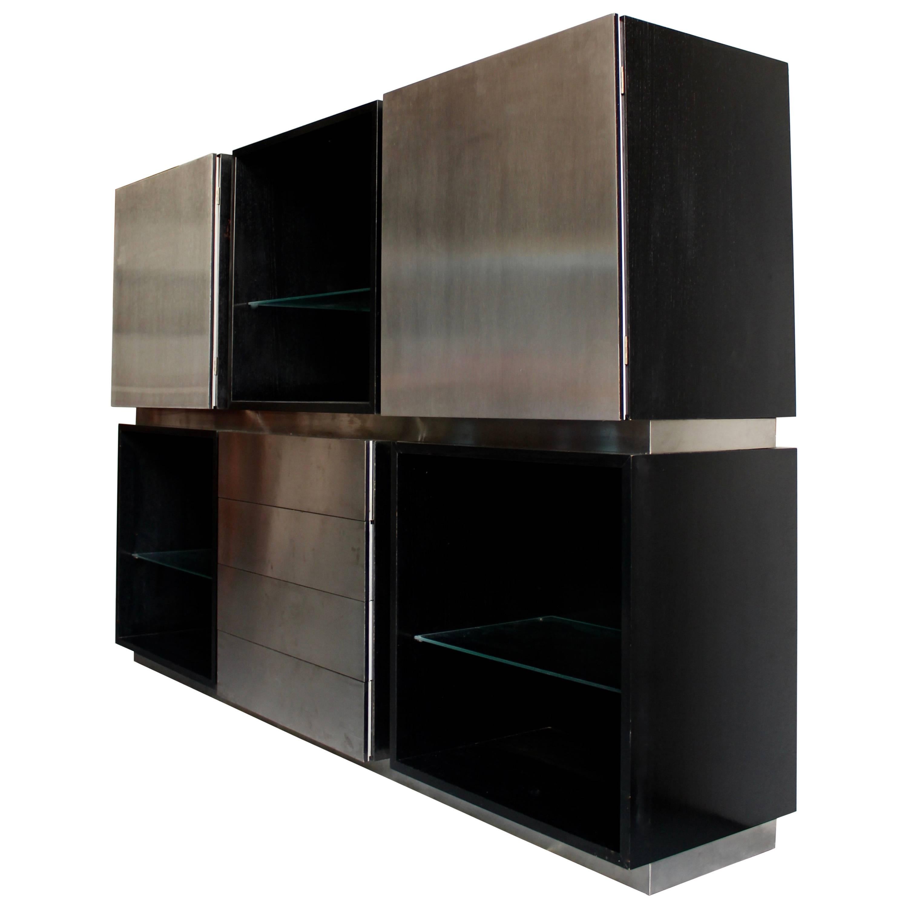 Acerbis Sideboard in Stained Oak and Stainless Steel, Italy, 1970s