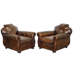 Stunning Pair of Antique French Hand-Dyed Cigar Brown Leather Club Armchairs