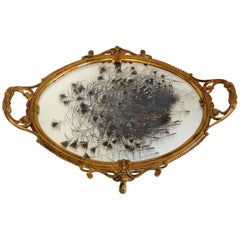 French Etched Bronze Centerpiece Tray with Pressed Feather Glass Insert Center