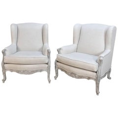 Pair of Antique French Louis XV Painted Linen Upholstered Armchairs, Bergeres